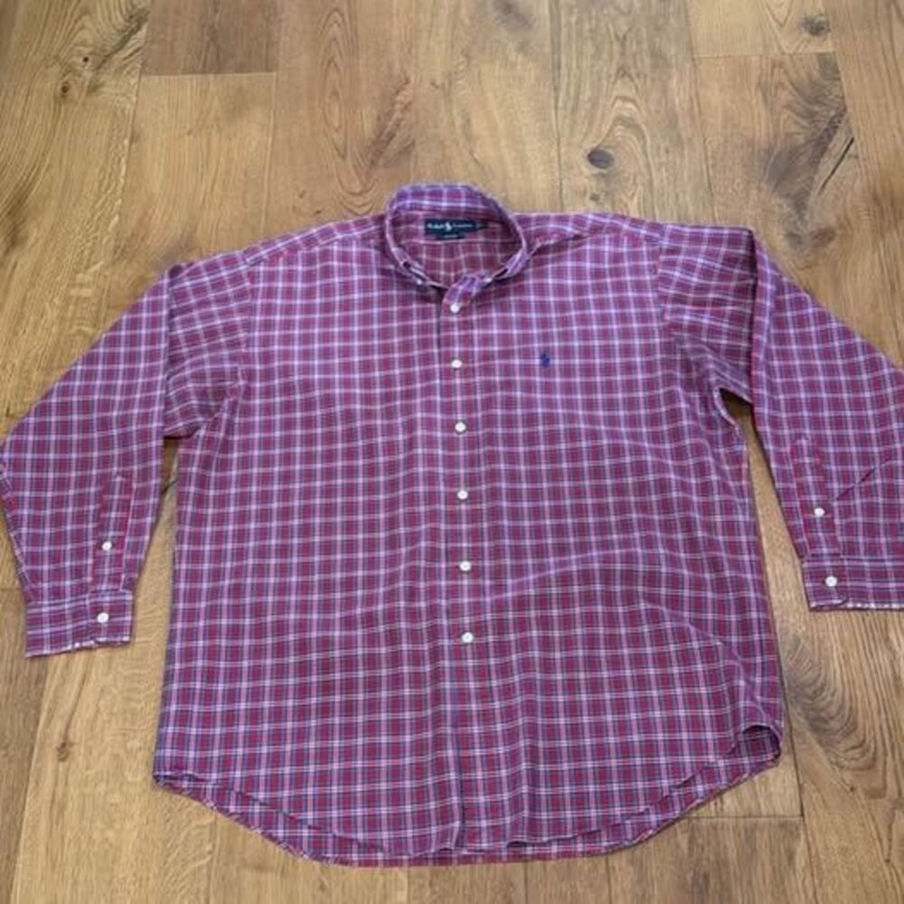 Vintage 1990s Ralph Lauren Blake Shirt Mens Large Red Blue Plaid Button Down